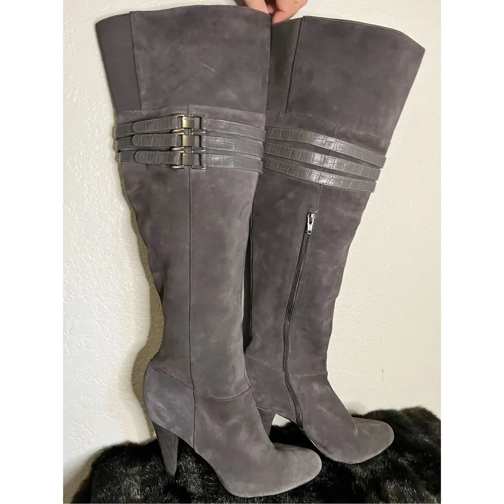 Women's Over-the-Knee Suede Heeled Boots - Gray - Picture 2 of 9